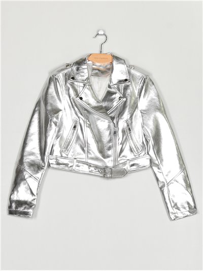 Chaqueta biker efecto piel metalizada silver (S-XL)