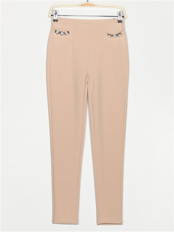 Pantalón elástico corazoncitos camel