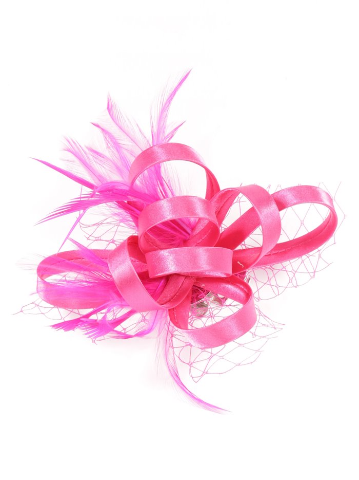 Feather fascinator hair clip with mesh fucsia