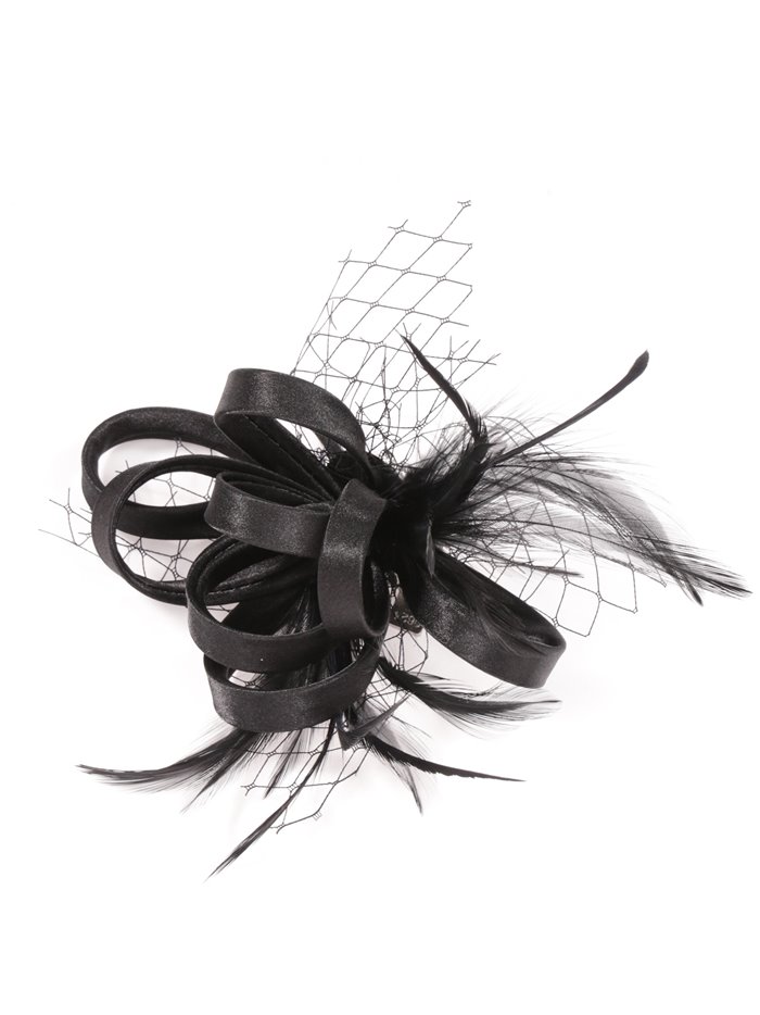 Feather fascinator hair clip with mesh negro