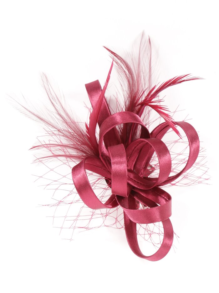 Feather fascinator hair clip with mesh granate