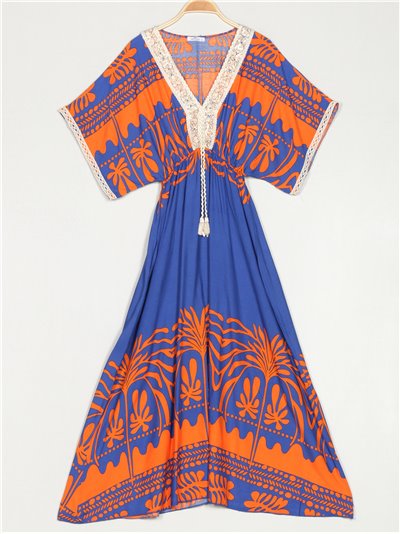 Maxi printed dress with sequins azul