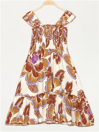 Gathered printed dress with ruffle trims beis