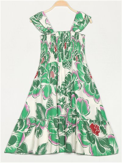 Gathered printed dress with ruffle trims verde