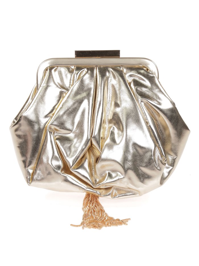 Shiny fabric clutch with tassel oro