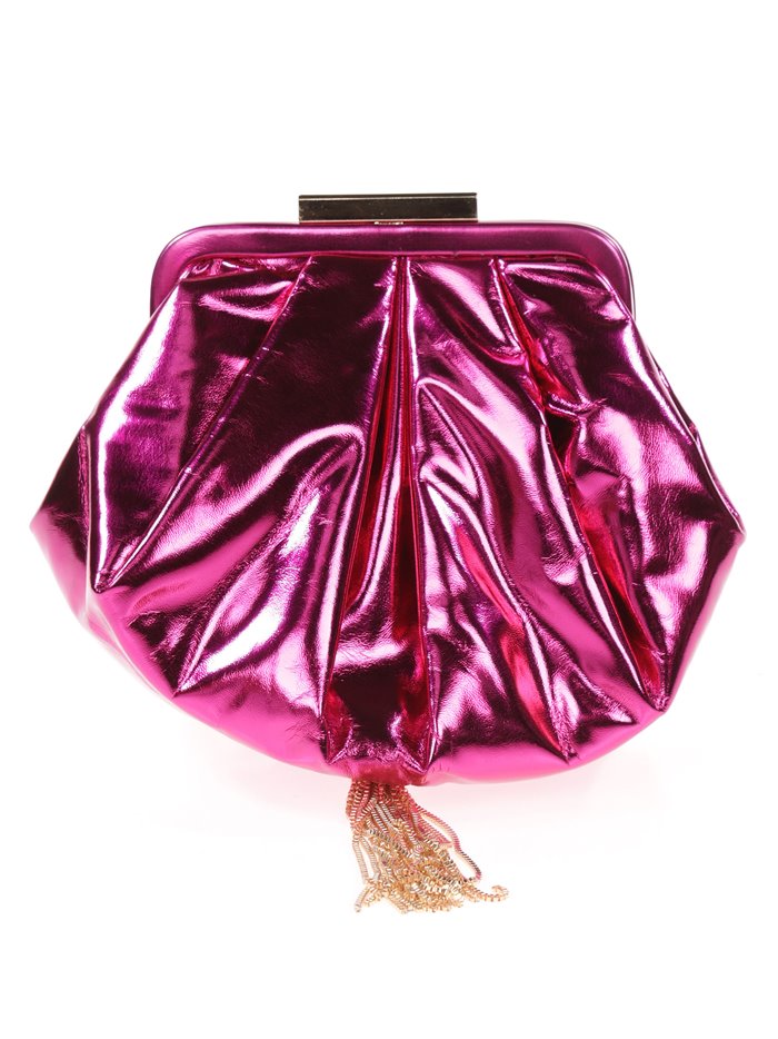 Shiny fabric clutch with tassel fucsia