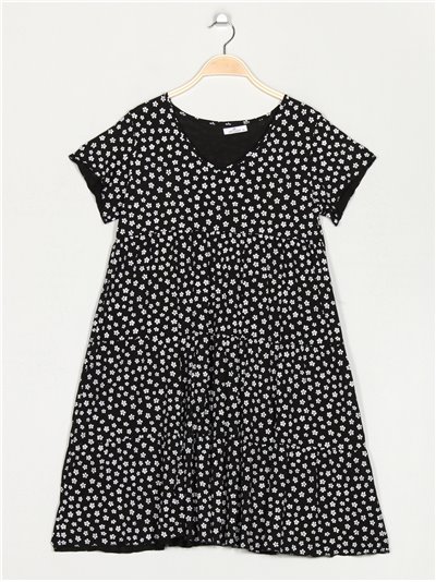 Printed dress with ruffle trims negro