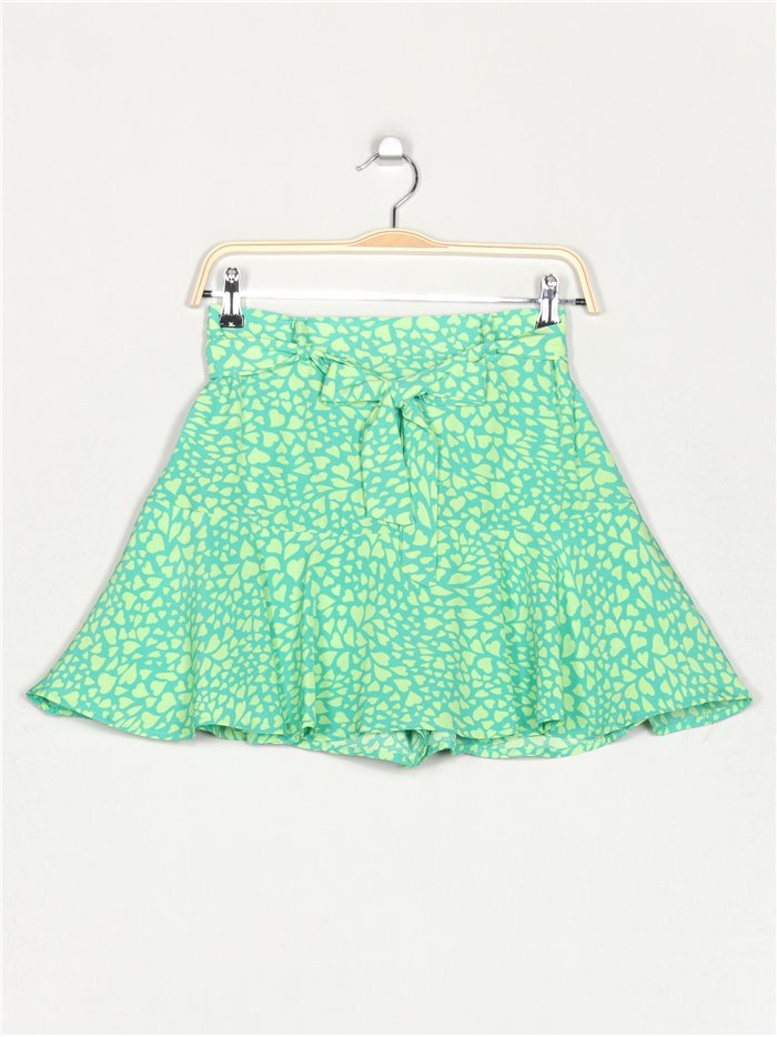 Hearts print shorts skirt with belt verde