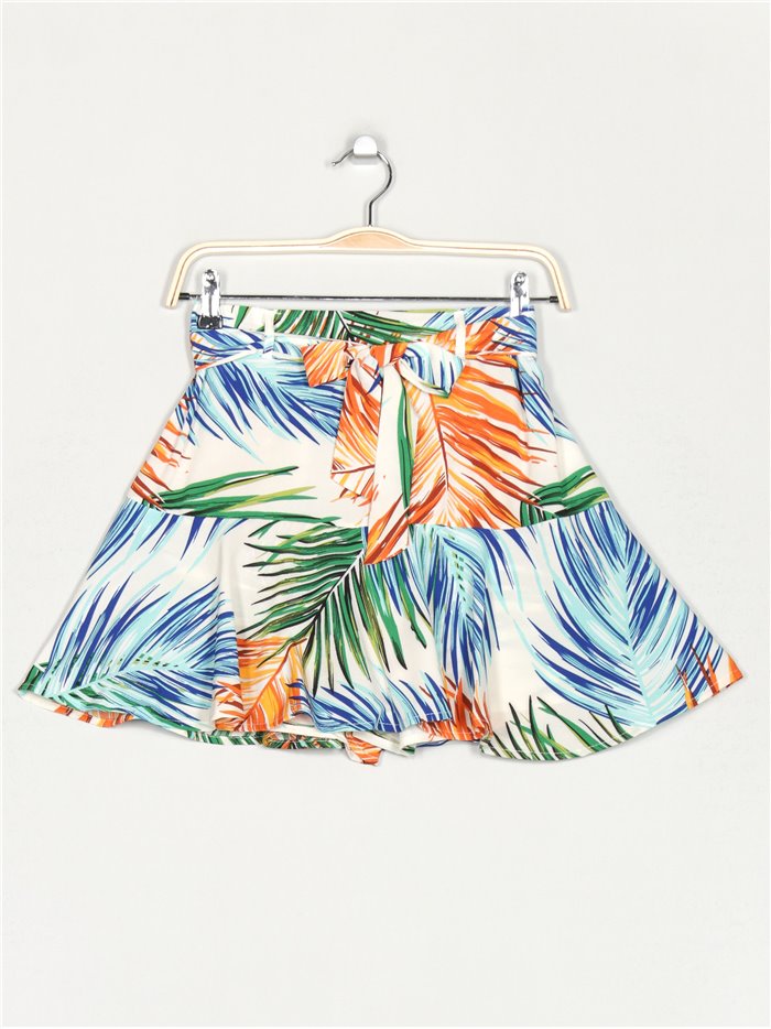 Leaves print shorts skirt with belt beis