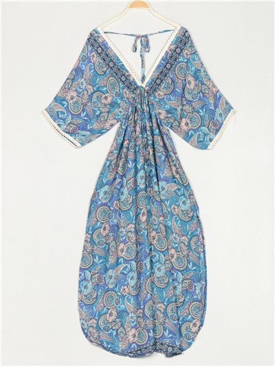 Maxi printed dress with lace azul