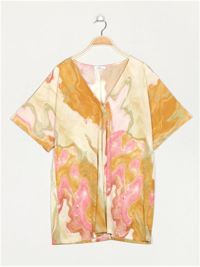 Plus size flowing printed blouse multi-mostaza