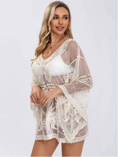 Embroidered lace blouse with butterflies beis