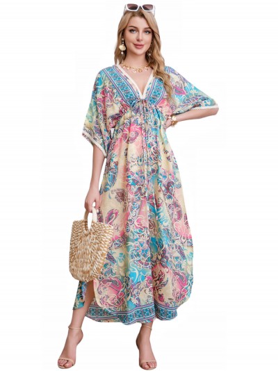 Maxi printed dress with lace beis
