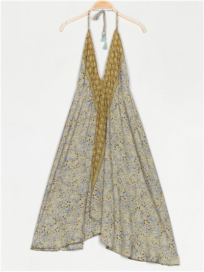 Printed dress with tassels verde-oliva