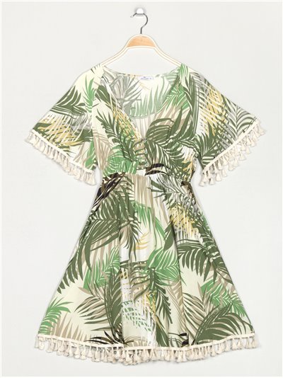 Leaves print dress with tassel verde
