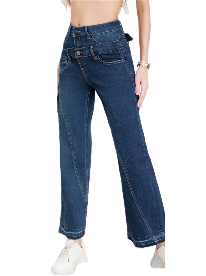 Jeans rectos botones azul (XS-XL)