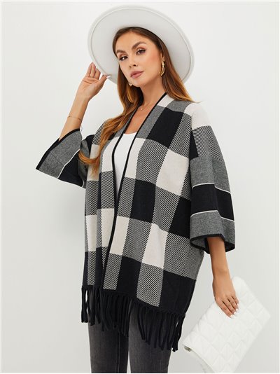 Checked knit cape with fringing (S/M-L/XL)