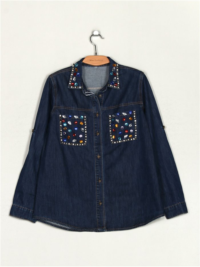 Oversized denim shirt with rhinestone azul (S-XXL)