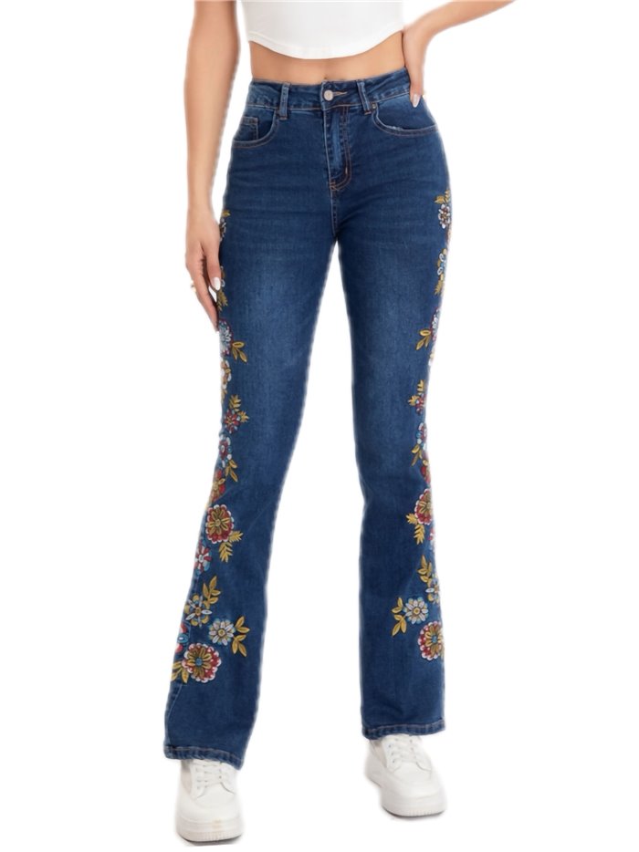 Jeans flare bordado flores azul (S-XXL)