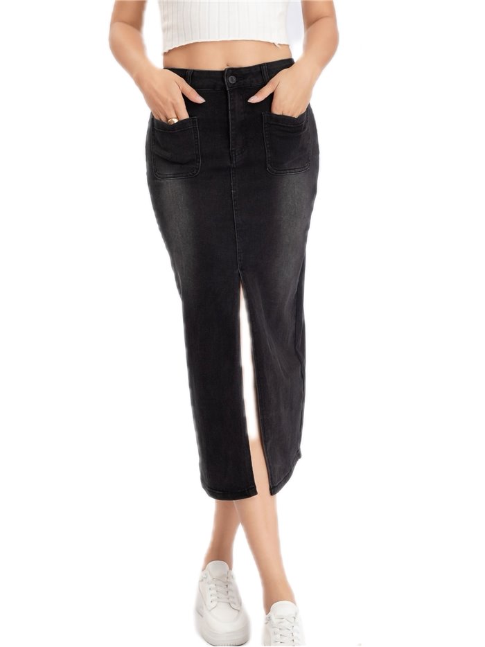 Falda denim midi abertura negro (S-XXL)