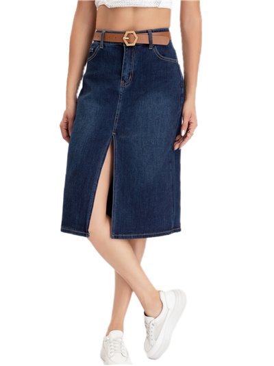 Plus size belted denim midi skirt azul (40-52)