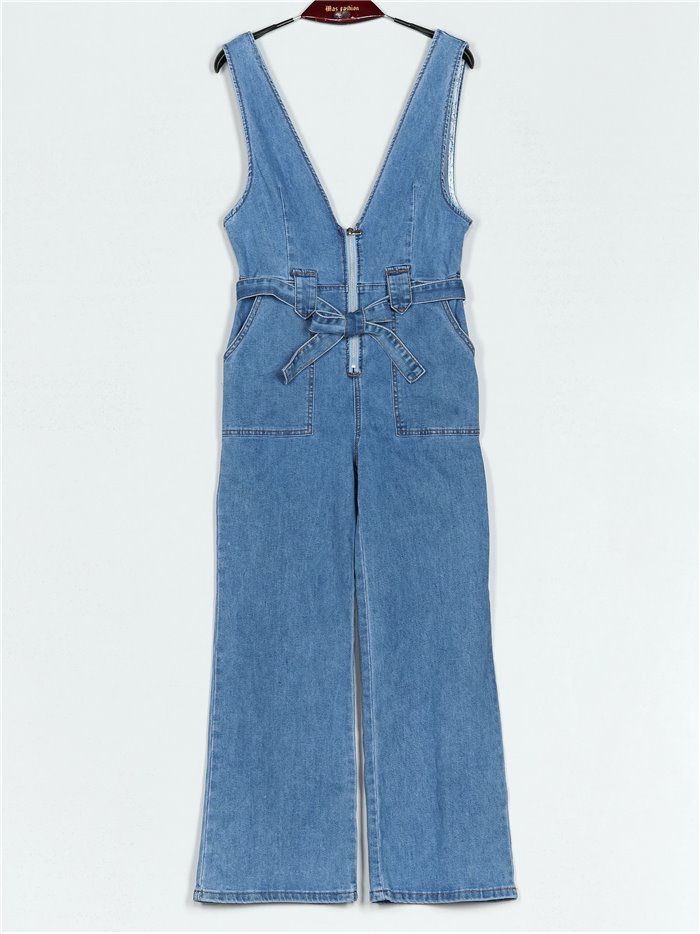 Belted straight denim Jumpsuit azul (XS-XL)