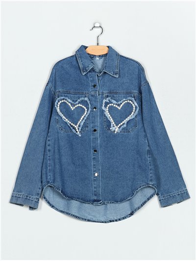 Denim overshirt with heart-shaped rhinestone azul (S-M-L)