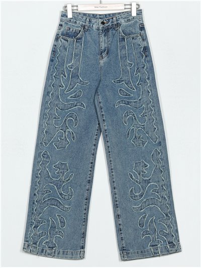 Jeans rectos bordado tiro alto azul (S-XXL)