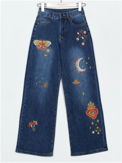 Jeans rectos bordado tiro alto azul (XS-XL)