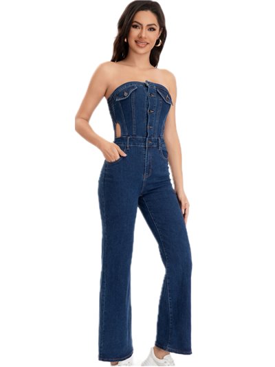 Gathered straight denim Jumpsuit azul (S-XXL)