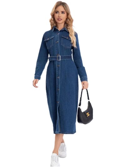 Vestido largo denim cinturón azul (S-XXL)