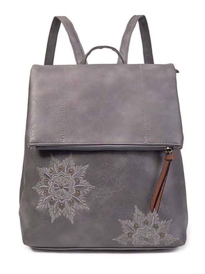 Embroidered backpack with flap grey