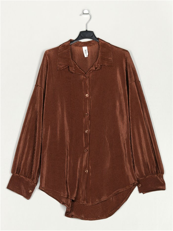 Metallic thread pleated shirt marron