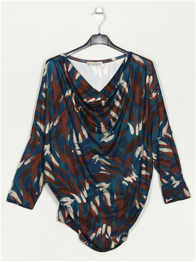 Drape neck printed top teal