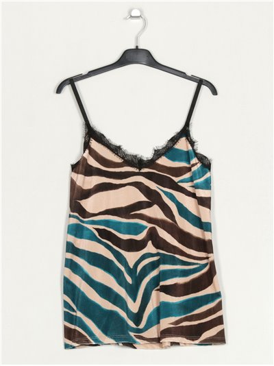 Velvet animal print top with lace teal