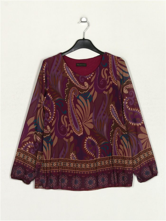 Pleated cachemir print blouse purpura