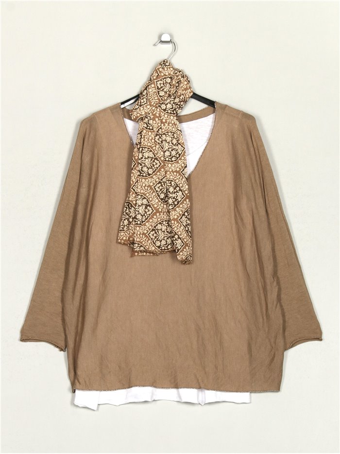 Plus size sweater with scarf + top camel