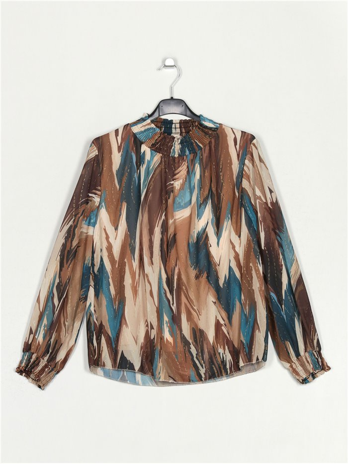 Printed satin blouse marron