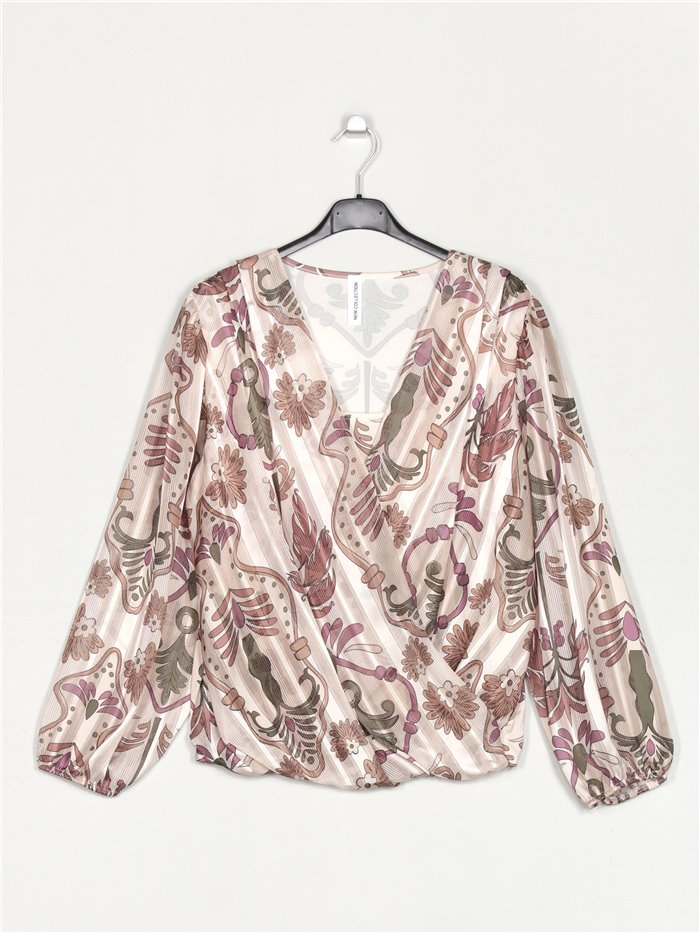 V-neck printed blouse beis