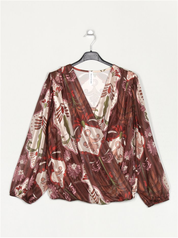 V-neck printed blouse marron