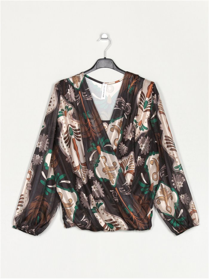 V-neck printed blouse negro