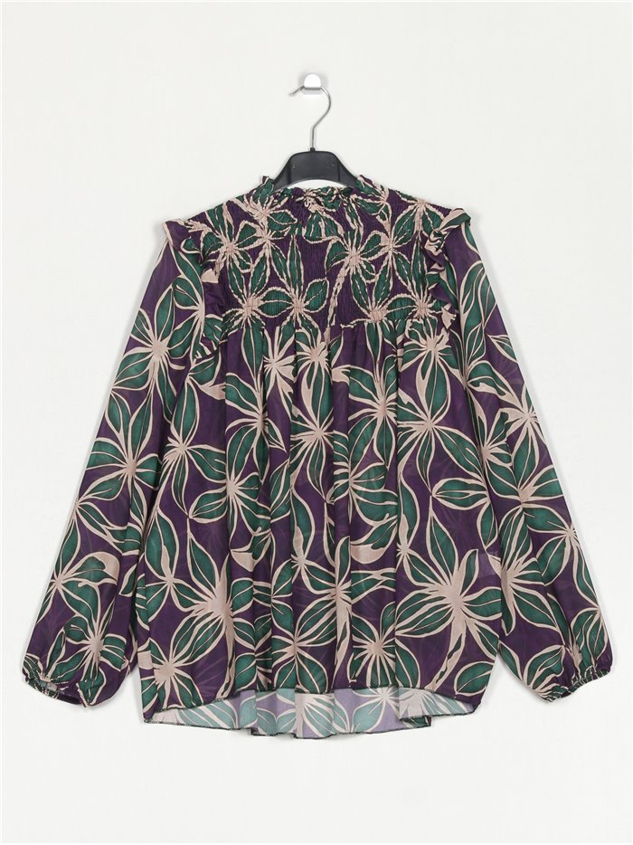 Blusa floral frunces gasa morado