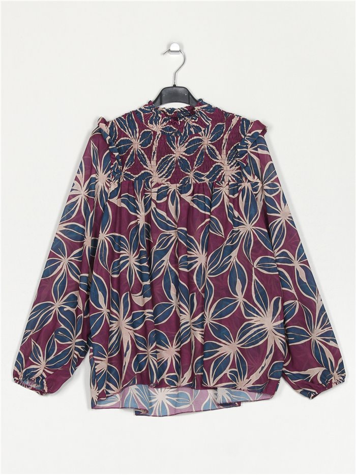 Blusa floral frunces gasa purpura