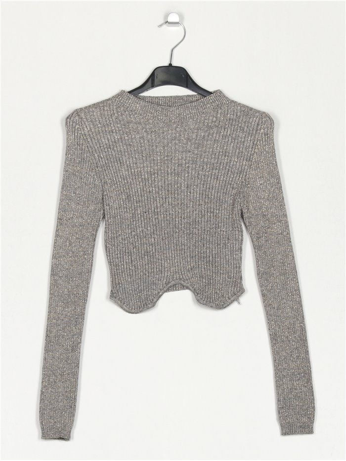 Metallic thread ribbed sweater gris