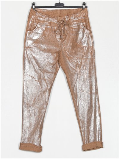 Metallic thread elastic trousers camel