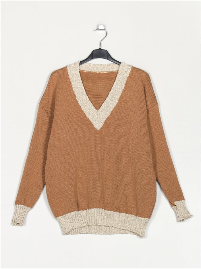 Metallic thread sweater camel