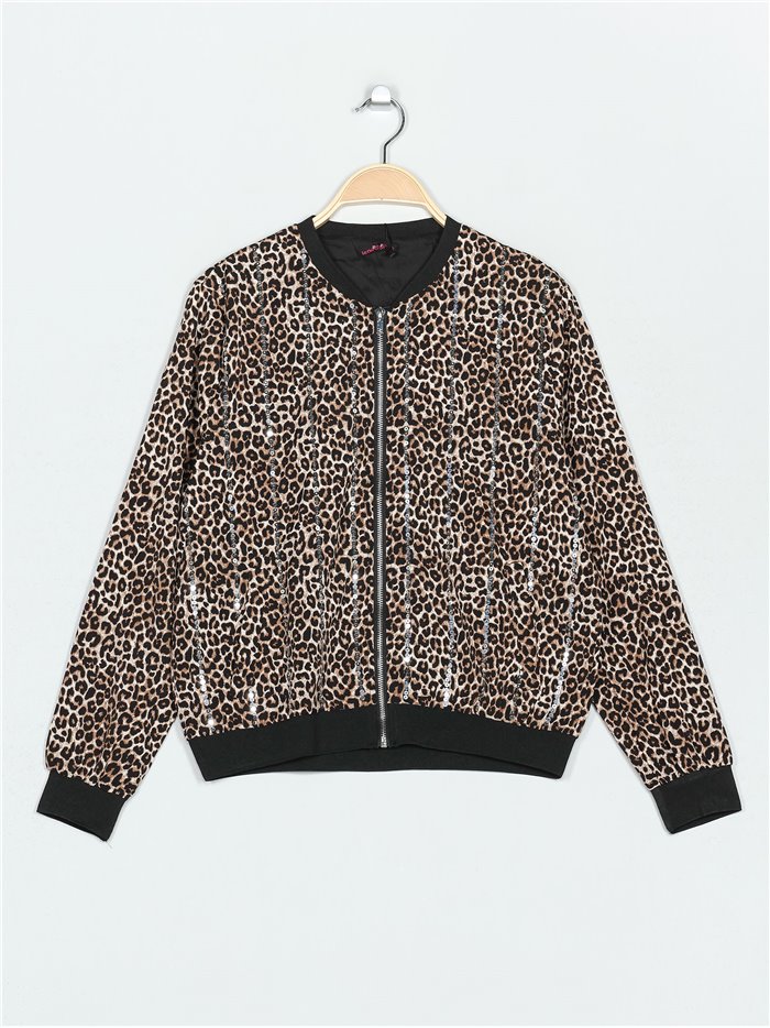 Leopard print bomber jacket with sequins negro