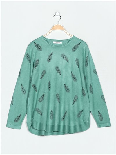 Plus size feather print sweater