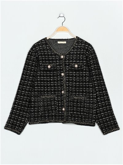 Chaqueta punto tweed talla grande negro