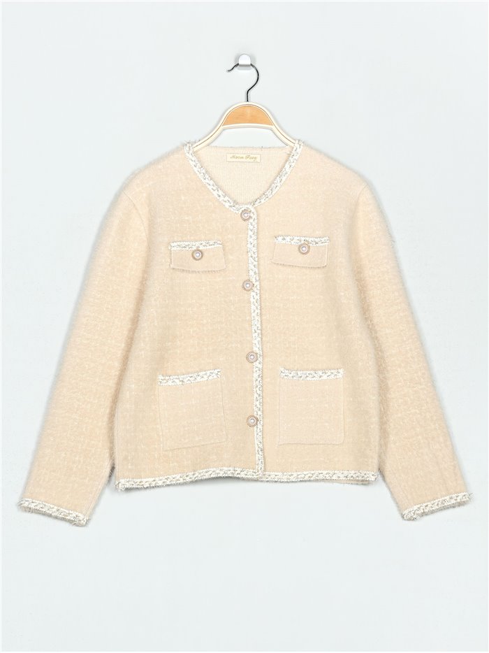 Plus size knitted cardigan with tweed camel